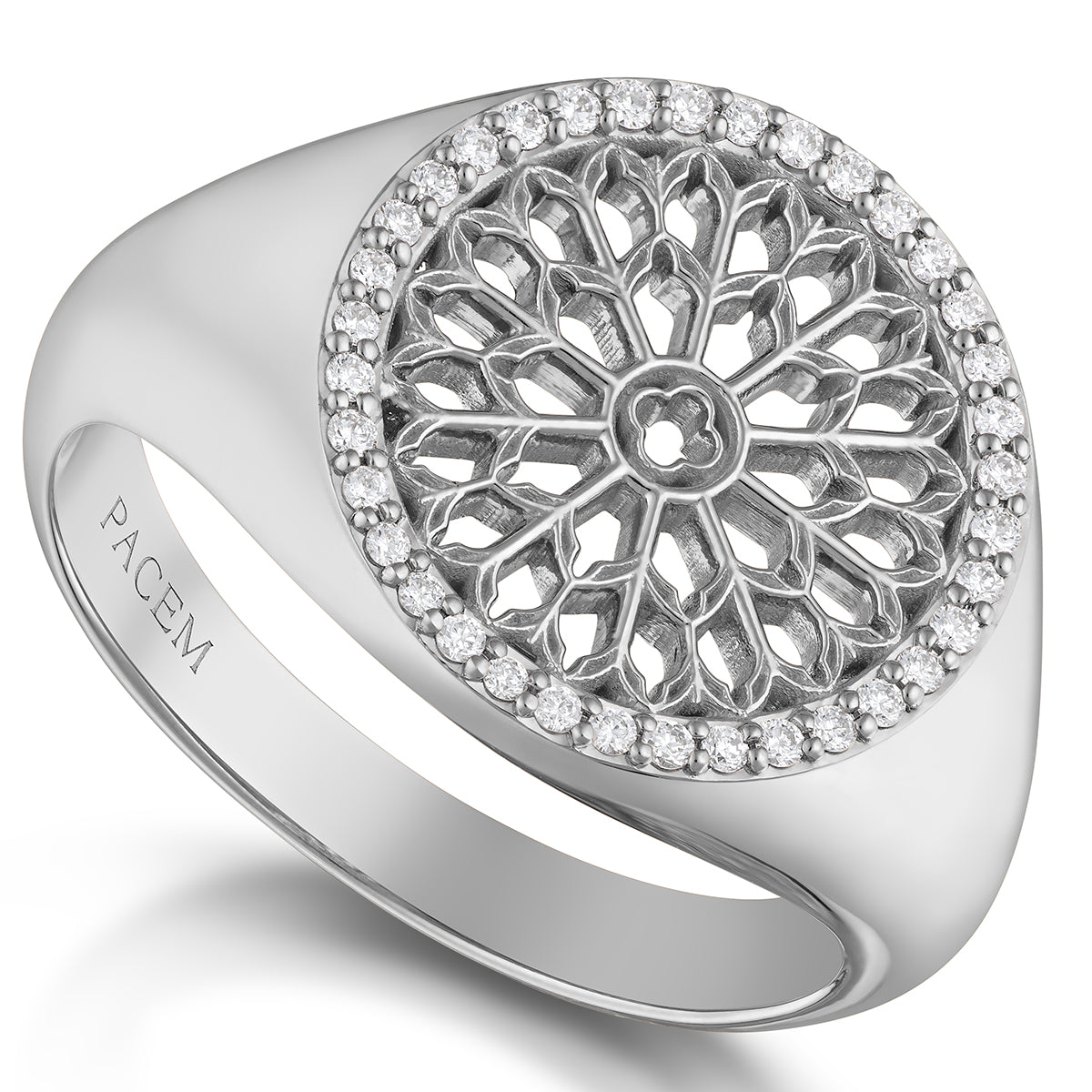 Notre Dame Rose Window Diamond Signet Ring – White Gold, front view, close-up