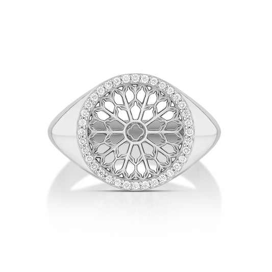 Notre Dame Rose Window Diamond Signet Ring – White Gold, top view