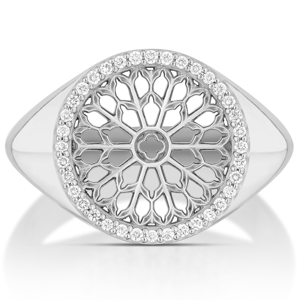 Notre Dame Rose Window Diamond Signet Ring – White Gold, top view, close-up