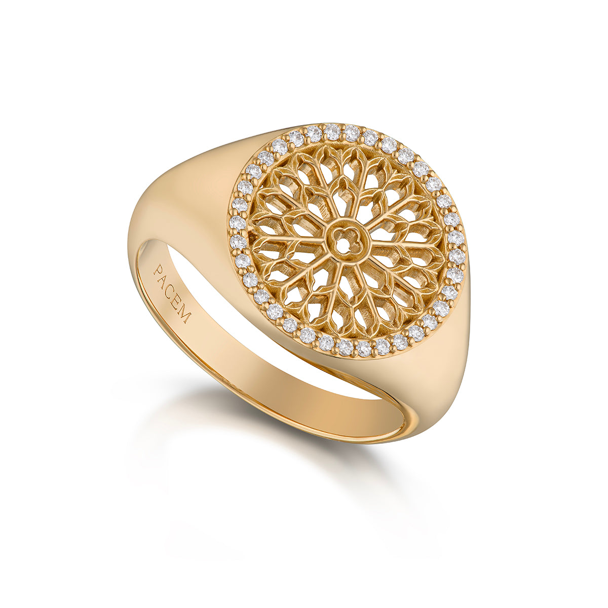 Notre Dame Rose Window Diamond Signet Ring – Yellow Gold, front view