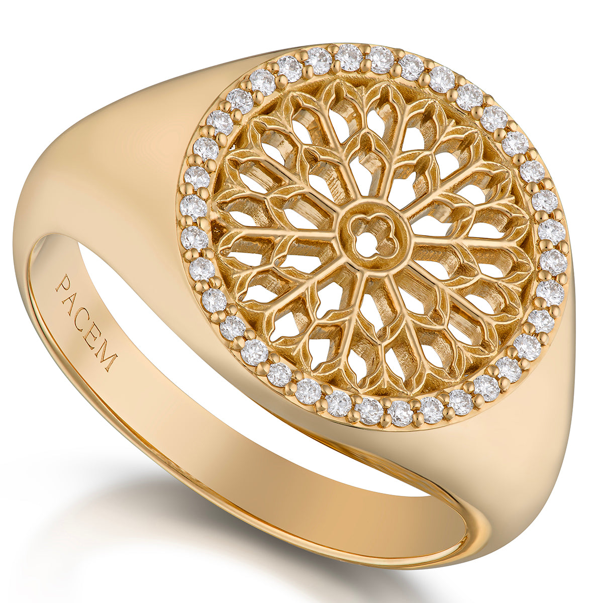 Notre Dame Rose Window Diamond Signet Ring – Yellow Gold, front view, close-up