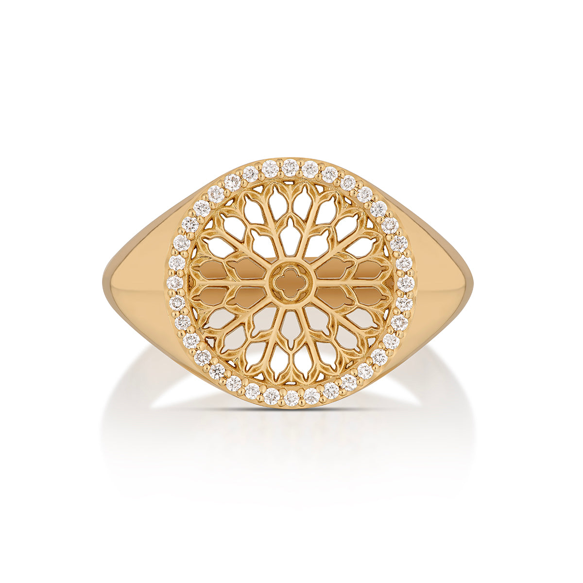 Notre Dame Rose Window Diamond Signet Ring – Yellow Gold, top view