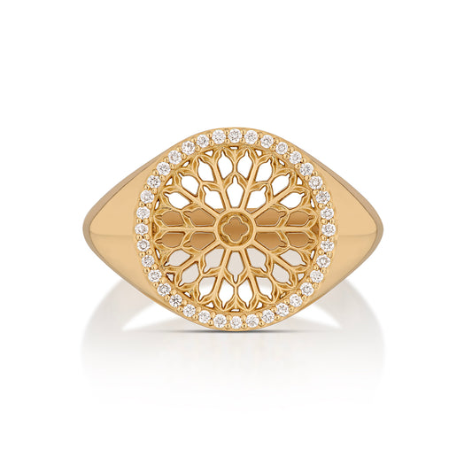 Notre Dame Rose Window Diamond Signet Ring – Yellow Gold, top view