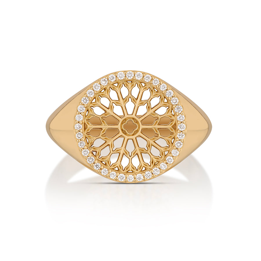 Notre Dame Rose Window Diamond Signet Ring – Yellow Gold, top view