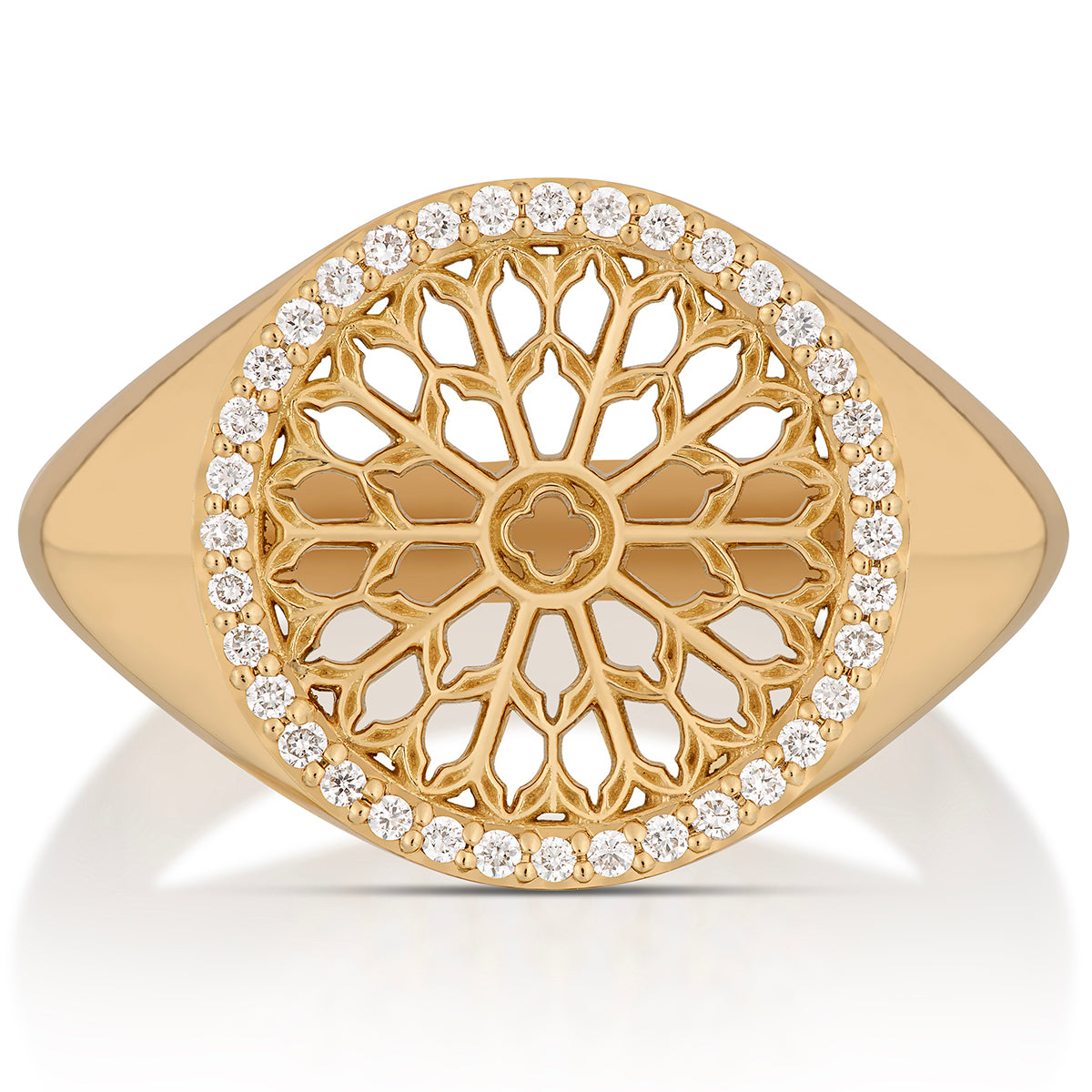 Notre Dame Rose Window Diamond Signet Ring – Yellow Gold, top view, close-up