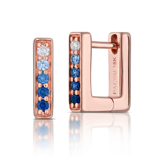 Small Rectangular Blue Ombré Sapphire Hoop Earrings in Rose Gold, side view, close-up