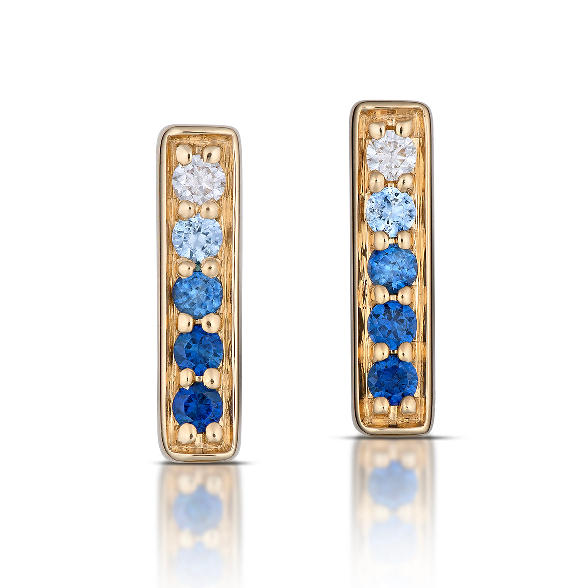 Small Rectangular Blue Ombré Sapphire Hoop Earrings in Yellow Gold, front view, close-up