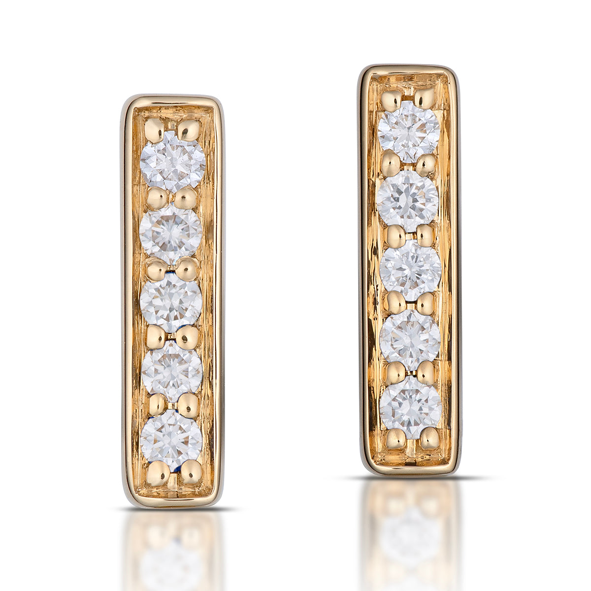Small Rectangular Diamond Hoop Earrings in Yellow Gold, front view, close-up