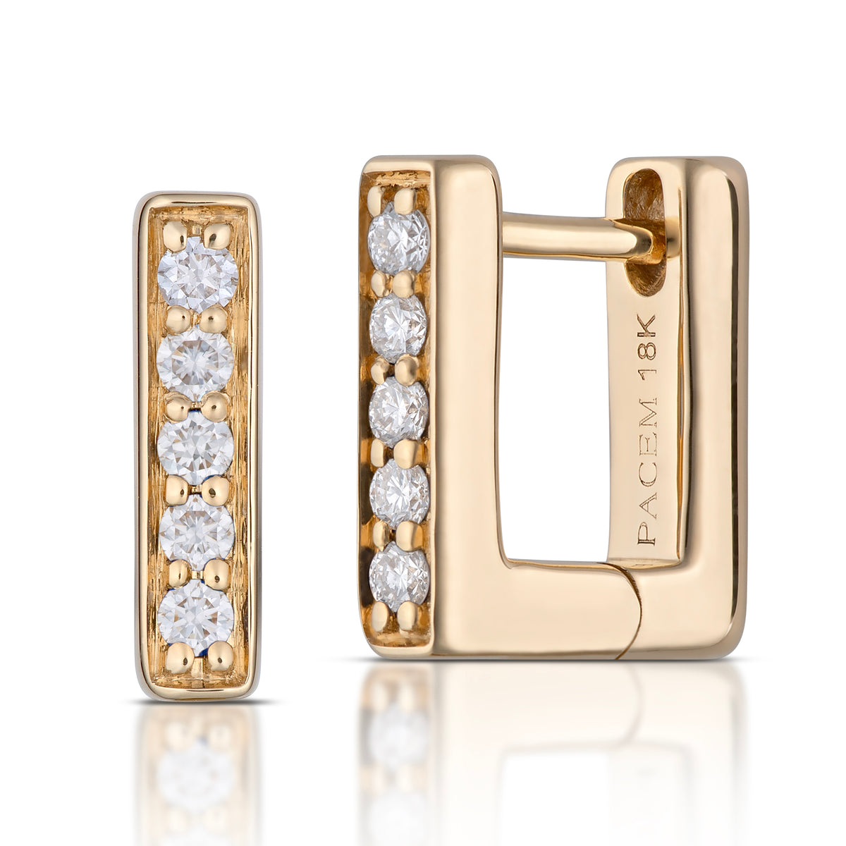 Small Rectangular Diamond Hoop Earrings in Yellow Gold, side view, close-up