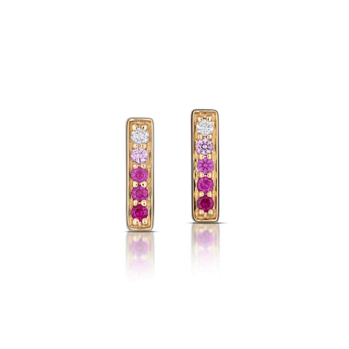 Small Rectangular Pink Ombré Sapphire Hoop Earrings in Yellow Gold, front view