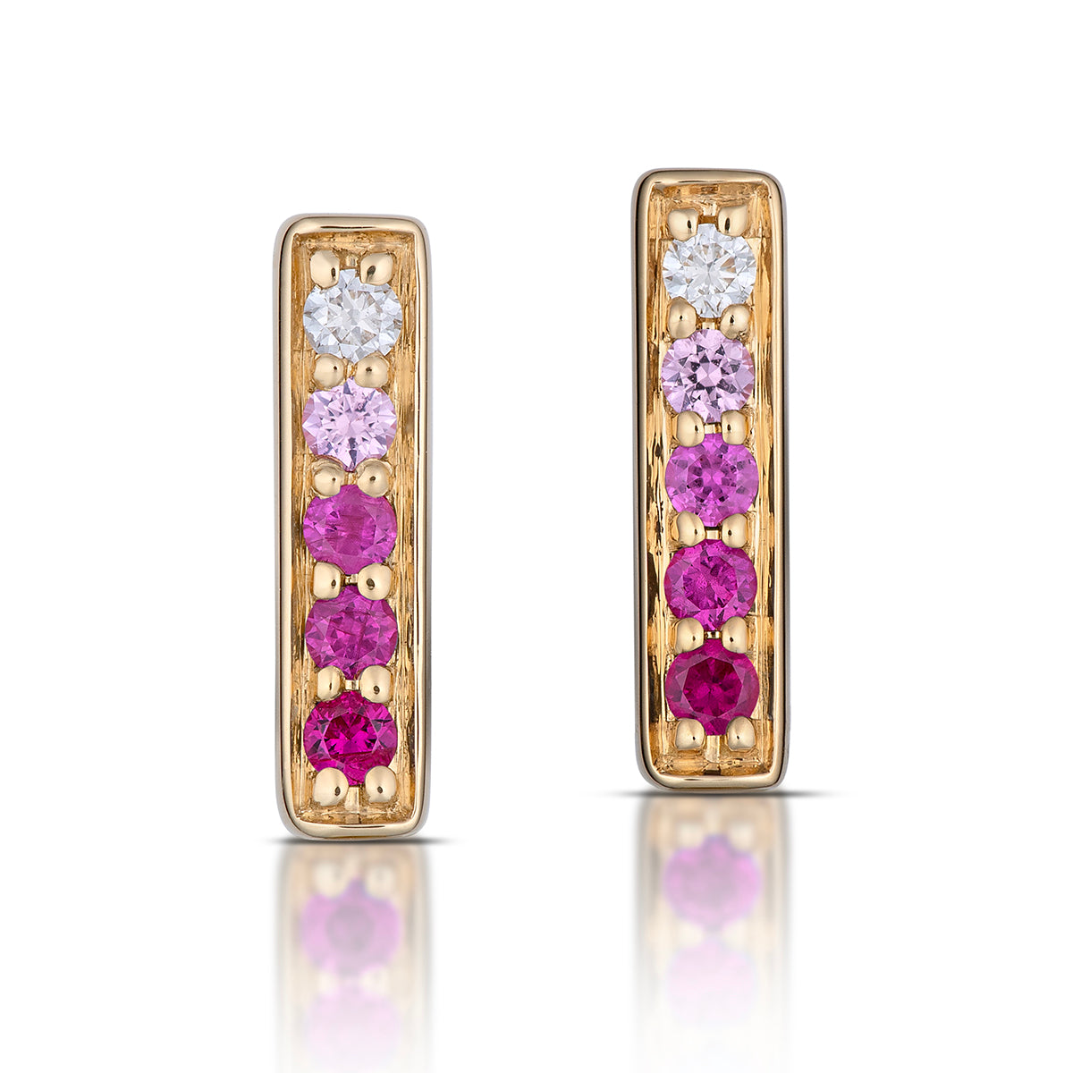Small Rectangular Pink Ombré Sapphire Hoop Earrings in Yellow Gold, front view, close-up