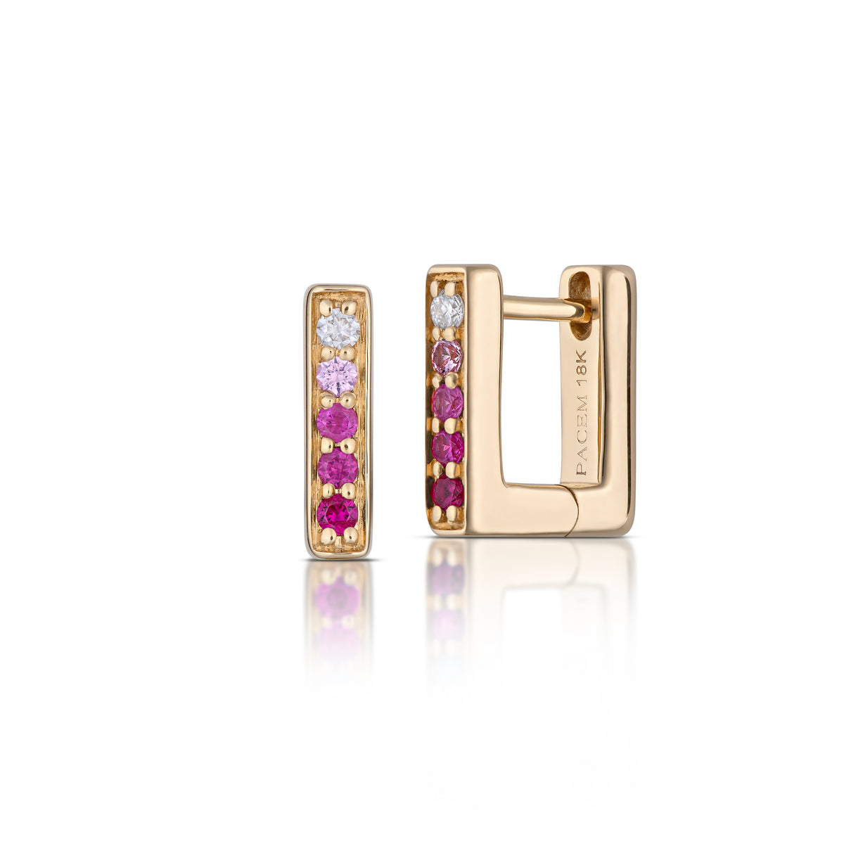 Small Rectangular Pink Ombré Sapphire Hoop Earrings in Yellow Gold, side view