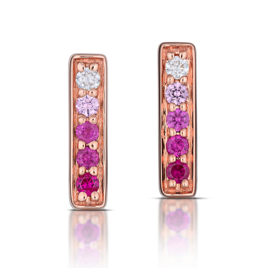 Small Rectangular Pink Ombré Sapphire Hoop Earrings in Rose Gold, front view, close-up